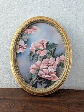Original Hand Painted Pink Water Lilies Ornate Gold Oval Framed Art 13.5"
